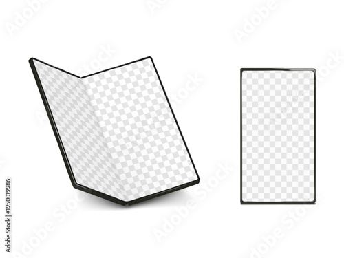 Book style foldable smartphone. Inner and cover display. Internal and external blank transparent screen. Realistic mock-up. Flexible smart phone. 3d vector mockup. Template for design