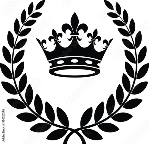 Regal crown encircled by a laurel wreath in elegant black and white design isolated on white background, Vector