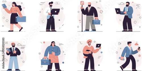 Diverse professionals engaged in various work-related activities and technology use (1)