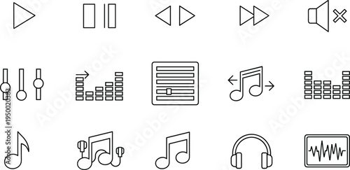 Music player interface line icon set with play pause volume equalizer headphones audio control vector illustration