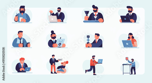 Diverse professionals engaged in various work-related activities on a light background