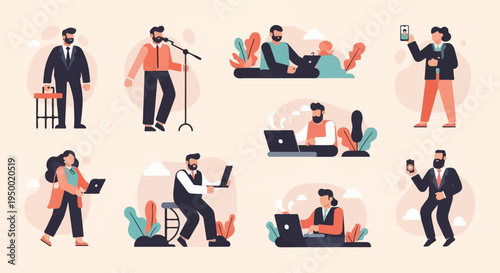 Flat design illustrations of people working and interacting with technology