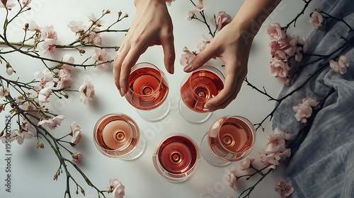 Wallpaper Mural Hands holding rose wine glasses surrounded by cherry blossoms Torontodigital.ca