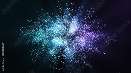 Futuristic glitter particle burst with vibrant icy cyan and subtle violet highlights, concentrated light cluster expanding gently from center before settling into rhythmic twinkle cycles, soft radial