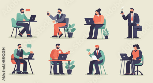 Diverse professionals engaged in various work-related activities using laptops