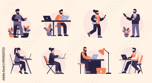 Diverse professionals engaged in various office and remote work tasks