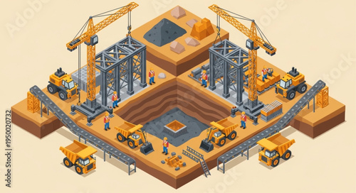 Construction Site Isometric View with Cranes and Trucks.