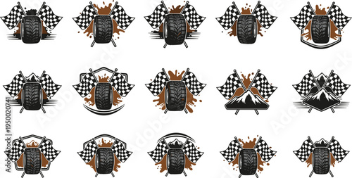 Off road tire and checkered flag racing emblem collection with mud splash motorsport badge vector illustration