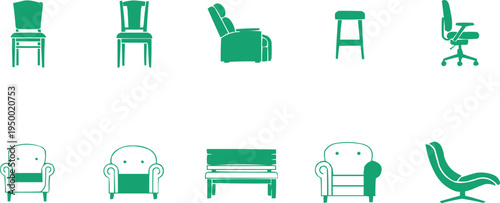 he icon in the center appears to be a recliner chair. It is depicted in a reclined position. It appears to be a stool or chair with a simple design. It looks like the arms of an armchair or a small so