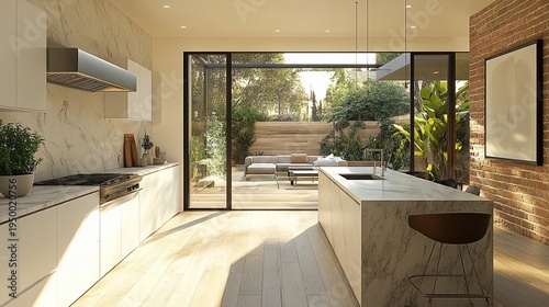 Wallpaper Mural Modern kitchen interior with white cabinets marble island and sliding glass doors leading to outdoor patio area with greenery Torontodigital.ca