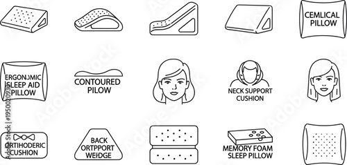 Orthopedic pillow types line icon set with memory foam neck support ergonomic sleep aid vector illustration