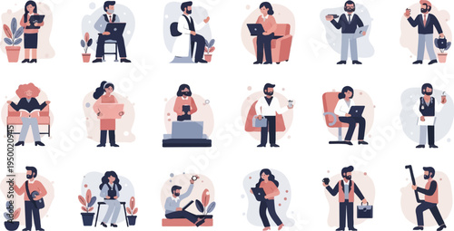 Diverse professionals engaged in work and leisure activities on a clean, white background