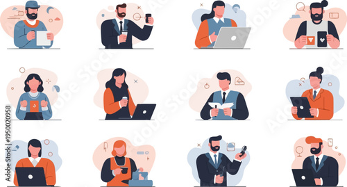 Diverse professionals engaged in work and leisure activities, each with beverages