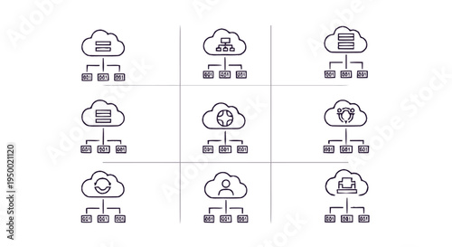 Cloud computing network infrastructure with various service icons.