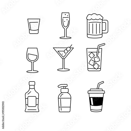 Vector outline icons with drink glasses and bar beverages including wine glass, cocktail, soda, beer mug, champagne flute and whiskey glass for bar and restaurant design.