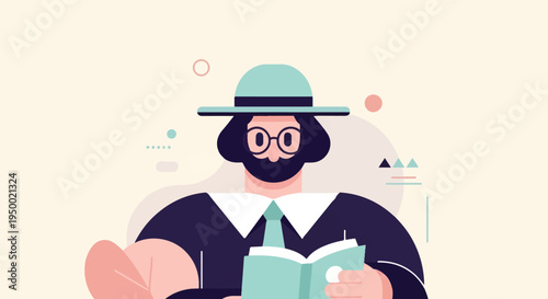 Flat illustration of a person with a beard, glasses, hat, and tie reading a book