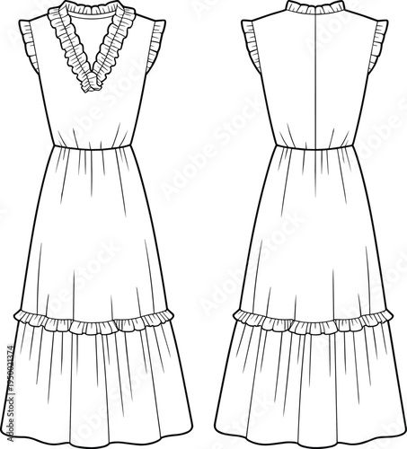 cad drawing flat vector illustration, long ruffle dress with v neckline, sleeveless tiered dress design, elegant fashion technical sketch style