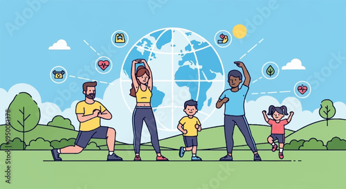 Diverse family with kids enjoying outdoor activities around the earth with eco friendly icons floating by
