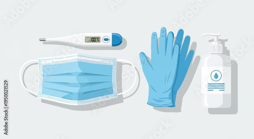 Medical protective equipment for health safety face mask gloves hand sanitizer and thermometer on clean background for hygiene and virus protection