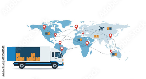 Delivery Logistics Service Courier with Package and Truck Flat Vector Illustration