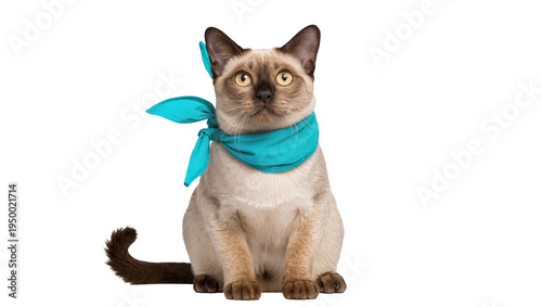 Schilderij op canvas Isolated adorable Tonkinese cat wearing a bright turquoise bandana sitting alert