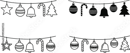 Black and white Christmas ornament garland illustration set featuring stars, balls, bells, candy canes, and decorative trees in festive holiday style