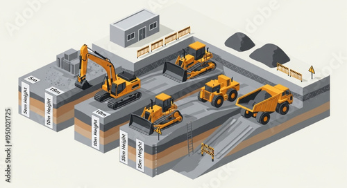 Construction site with heavy machinery and materials.