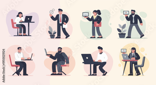 Diverse professionals in modern settings using technology for work