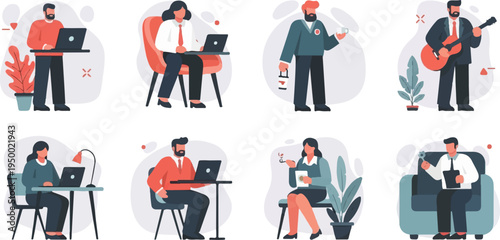 Diverse professionals in office or casual settings, engaged in work and leisure activities