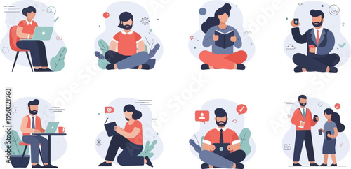 Diverse people in casual and business settings engaged in various activities