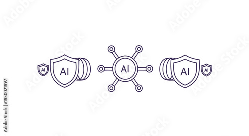 AI Security and Network Protection Line Art Illustration.