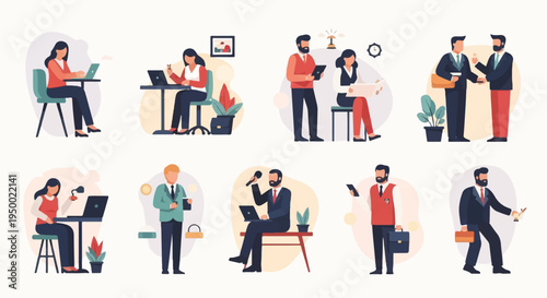Diverse professionals engaged in various business activities, teamwork, and client interactions