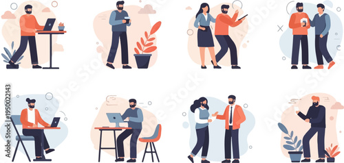 Diverse people in casual attire engage in various work-related activities