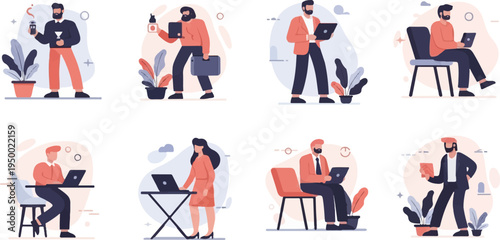 Diverse professionals engaged in various tasks, from meetings to solo work