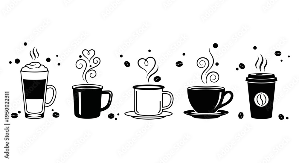 Obraz premium Five assorted coffee beverages including layered latte macchiato and steaming cups with decorative steam hearts vector graphic