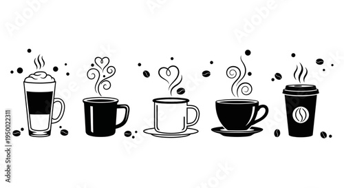 Five assorted coffee beverages including layered latte macchiato and steaming cups with decorative steam hearts vector graphic