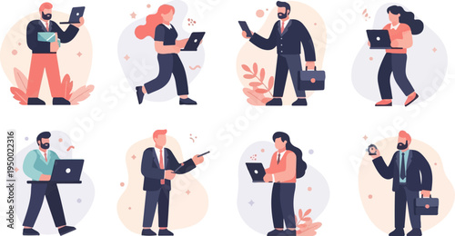 Diverse professionals using technology and carrying briefcases in a modern workplace