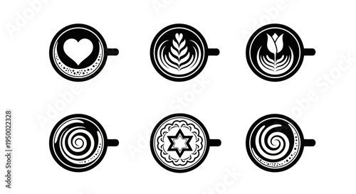 Set of top view coffee cup icons with latte art patterns including heart tulip rose swirl star and leaf designs isolated on white background for menu design