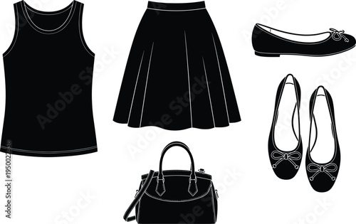 Women casual outfit set with tank top, skirt, ballet flats and handbag, fashion silhouette collection, minimalist clothing illustration
