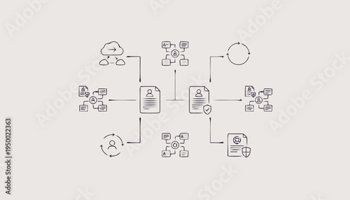 Complex data flow diagram illustrating interconnected digital processes and information exchange.