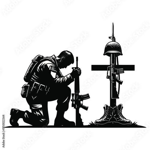 Soldier kneels beside a rifle and memorial cross with helmet