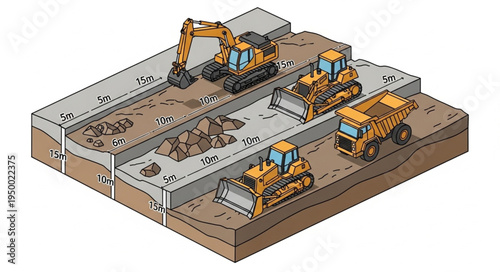 Construction site with heavy machinery working on excavation and grading.