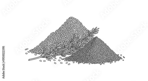 A pile of small black seeds or grains with a few loose ones scattered around.