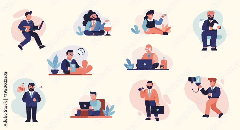 Fototapeta premium Diverse professionals engaged in various tasks, including technology use and creative pursuits