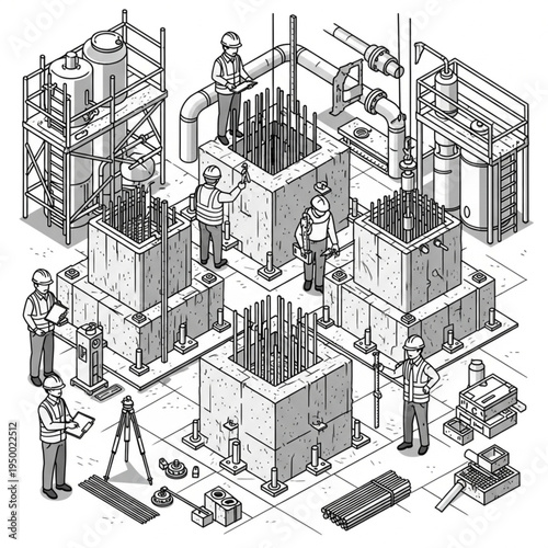 Construction workers building concrete foundation with rebar and scaffolding.