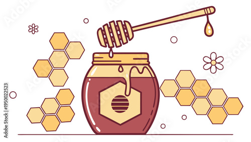 A vector graphic illustration of a honey jar with a honey dipper and honeycombs on a white background