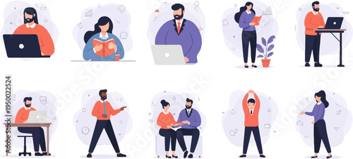 Diverse professionals engaged in various work and wellness activities