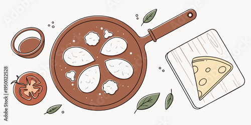 A vector graphic illustration of a pan of mozzarella cheese with tomato and basil on a white background