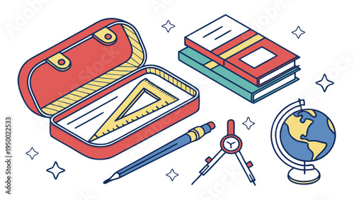 A colorful vector illustration of a school supply set with a pencil case, books, and stationery