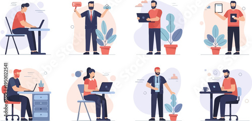 Diverse professionals engaged in various work tasks, utilizing technology and office settings